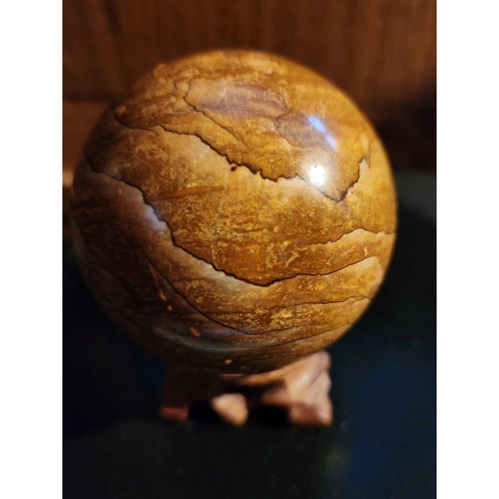 Serpeggiante Marble Sphere, Wood Stone with Wooden Stand, Wood Jasper